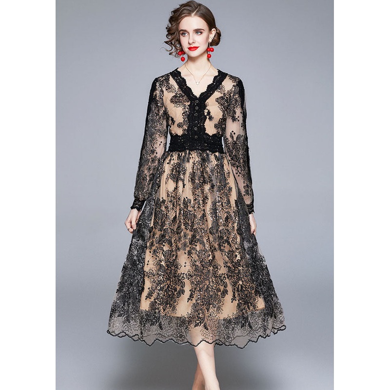 Women Black V Neck Embroidered Patchwork Tulle Dresses Long Sleeve