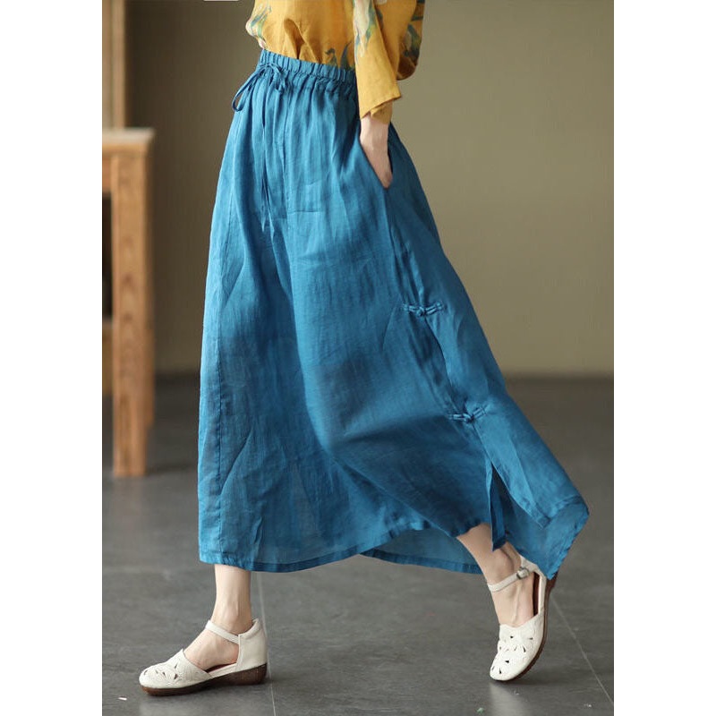 Women Blue Cinched Pockets Chinese Button Patchwork Cotton Skirts Summer
