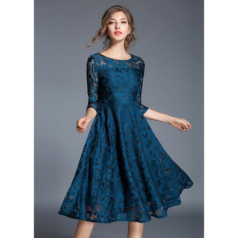 Women Blue Jacquard Wrinkled Patchwork Lace Mid Dress Summer