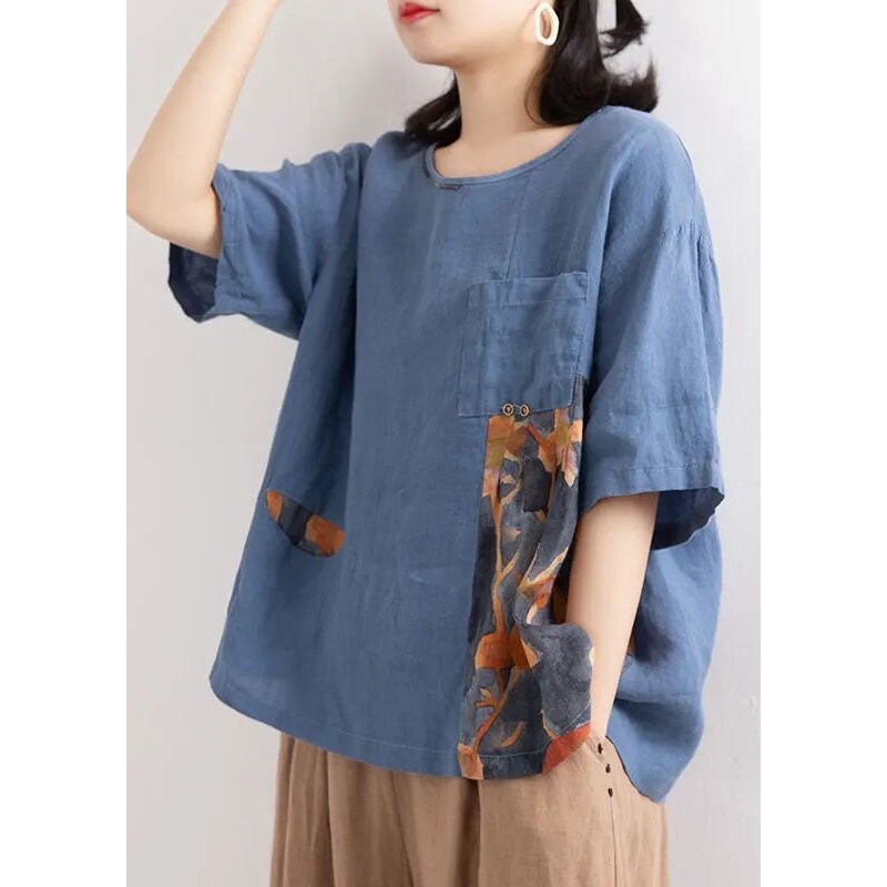 Women Blue O Neck Print Pockets Patchwork Cotton T Shirts Summer