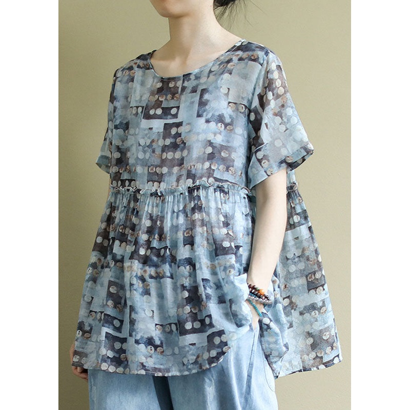 Women Blue O Neck Ruffled Print Patchwork Cotton Shirts Summer