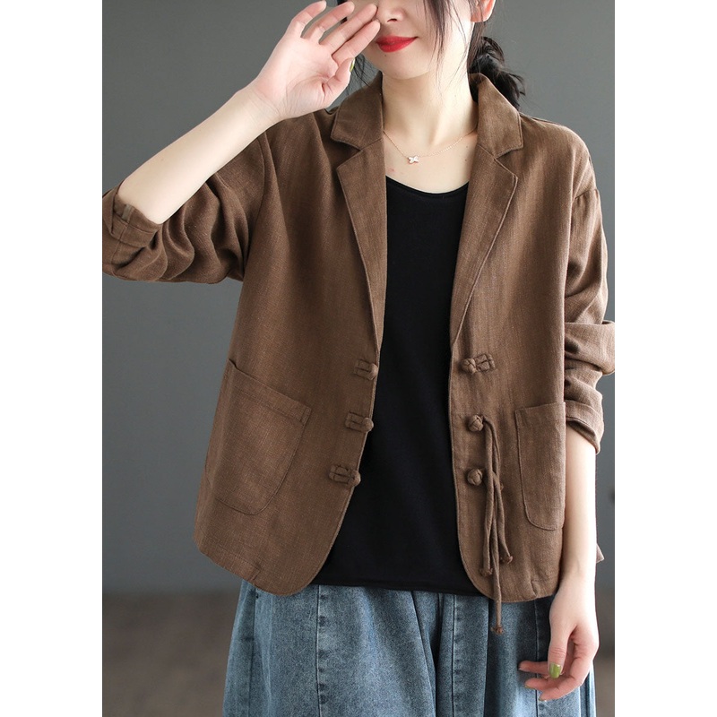 Women Brown Tasseled Button Pockets Patchwork Linen Coats Fall