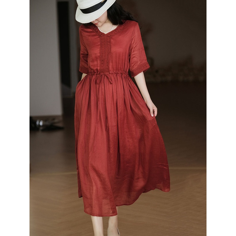 Women Elegant Solid Spliced Lacework Drawstring Ramie Dress