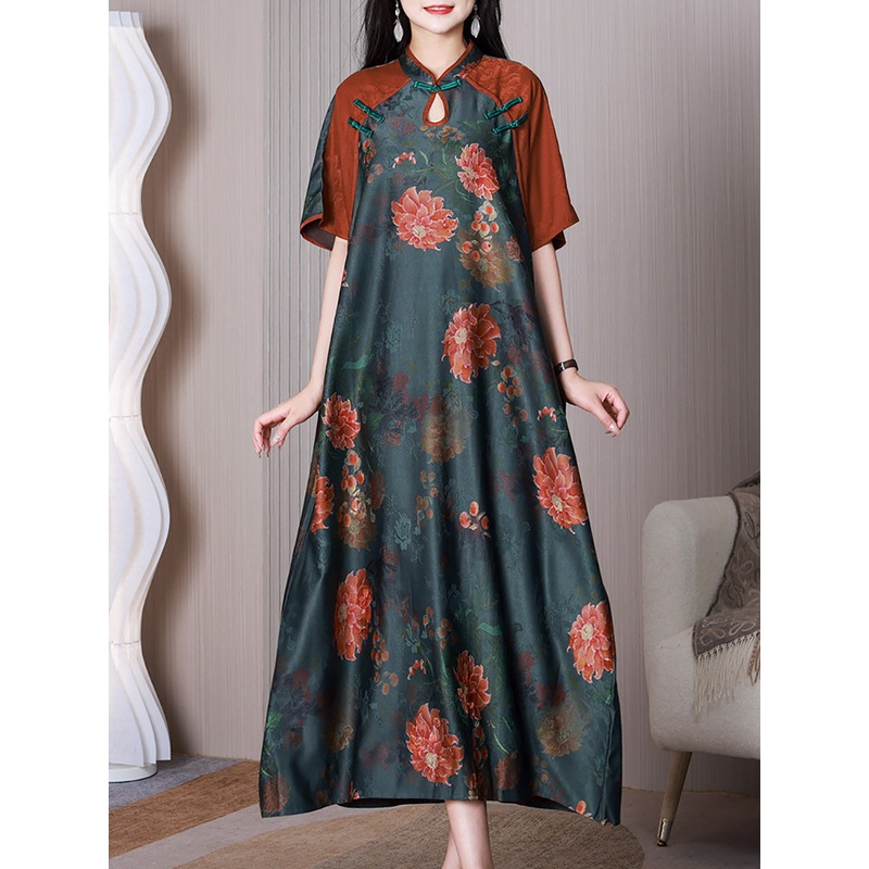 Women Ethnic Flower Spliced Button Loose Dress