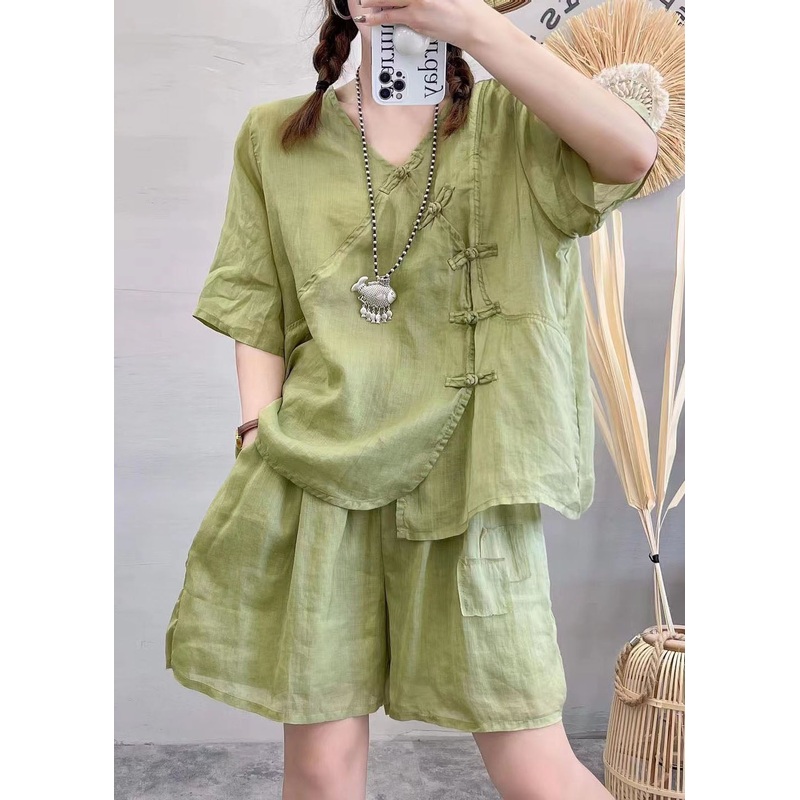Women Green V Neck Chinese Button Pockets Patchwork Cotton Two Pieces Set Summer