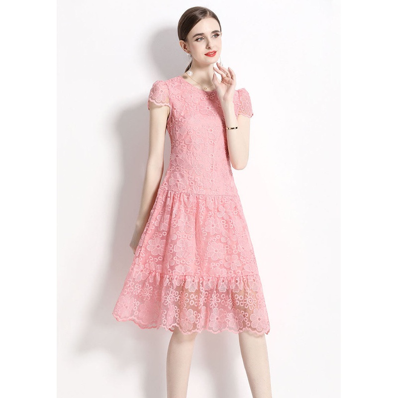 Women Pink O Neck Hollow Out Embroideried Patchwork Lace Dresses Summer