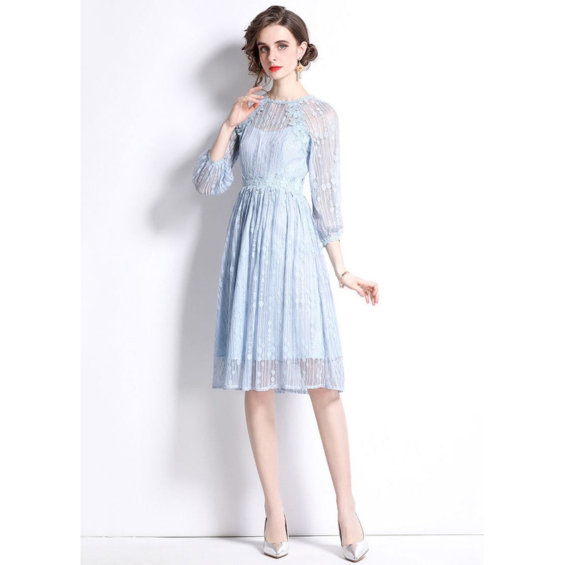 Women Sky Blue Embroideried Wrinkled Patchwork Lace Mid Dress Summer