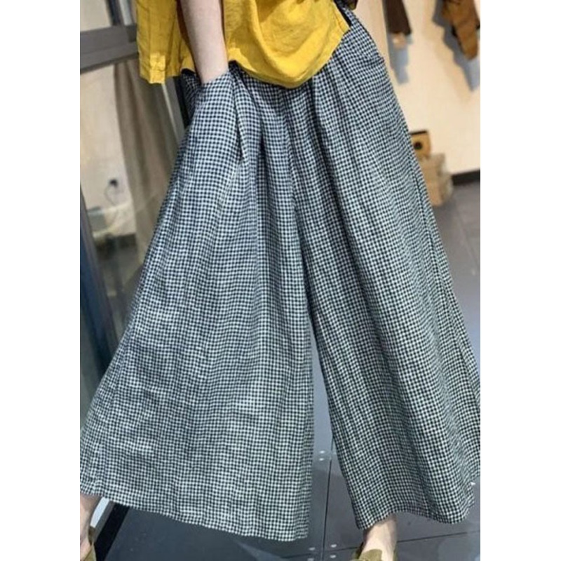 Women Small Plaid Pockets Patchwork Cotton Wide Leg Pants Summer