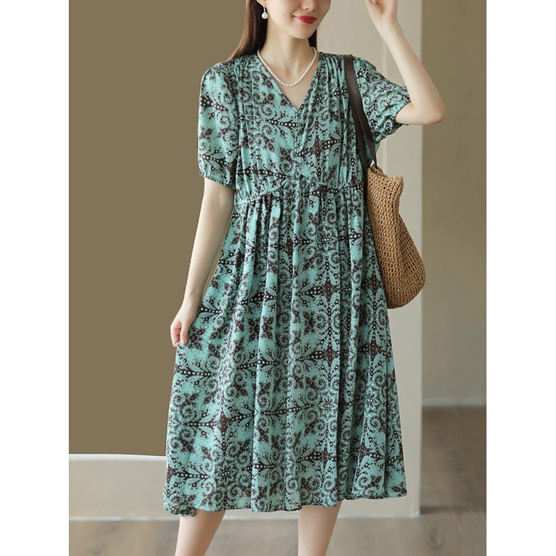 Women Summer Artsy Flower V-Neck High Waist Dress