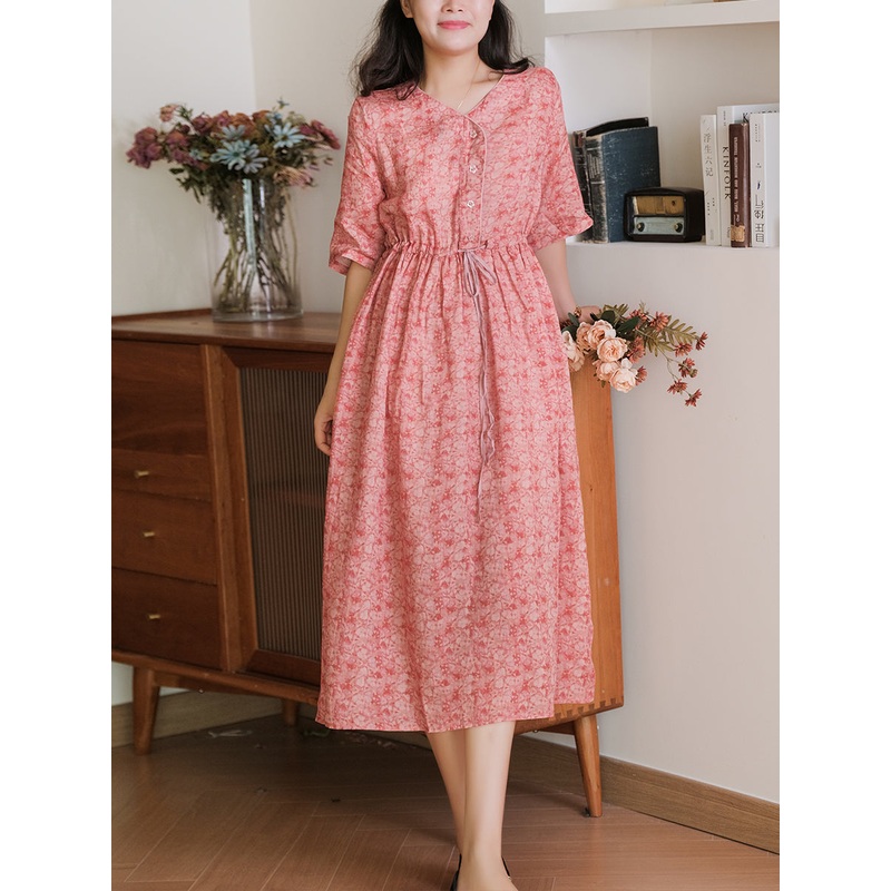 Women Summer Artsy Red Floral Drawstring Ramie Dress