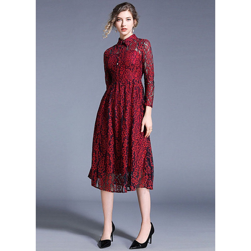 Women Wine Red Peter Pan Collar Hollow Out Lace Dresses Summer