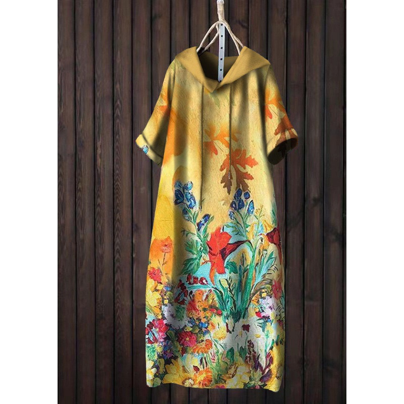 Women Yellow Hooded Print Patchwork Cotton T Shirt Dress Summer