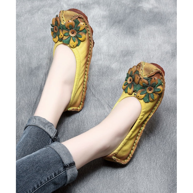 2023 Floral Splicing Flat Shoes Yellow Cowhide Leather