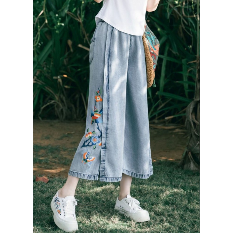 Art Blue Embroidered Pockets Patchwork Denim Wide Leg Pants Summer
