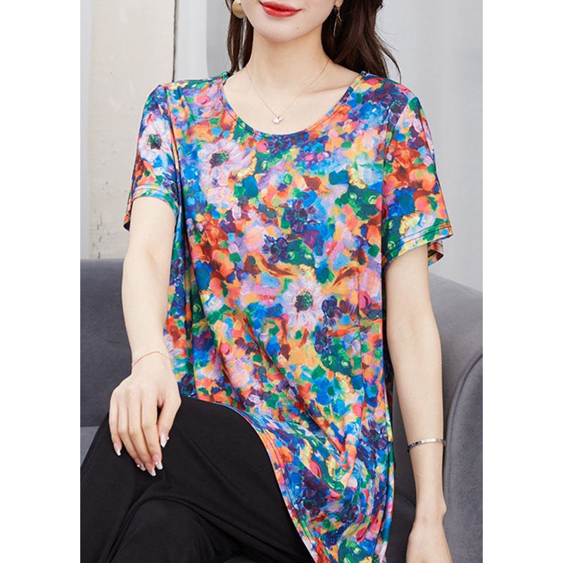 Art Floral O Neck Patchwork Cotton T Shirt Top Short Sleeve