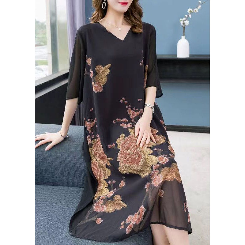 Beautiful Black V Neck Print Patchwork Chiffon Dress Summer