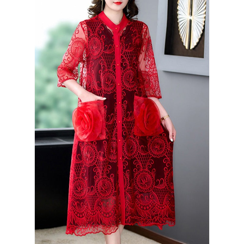 Beautiful Red Floral Hollow Out Solid Tulle Long Coat Half Sleeve