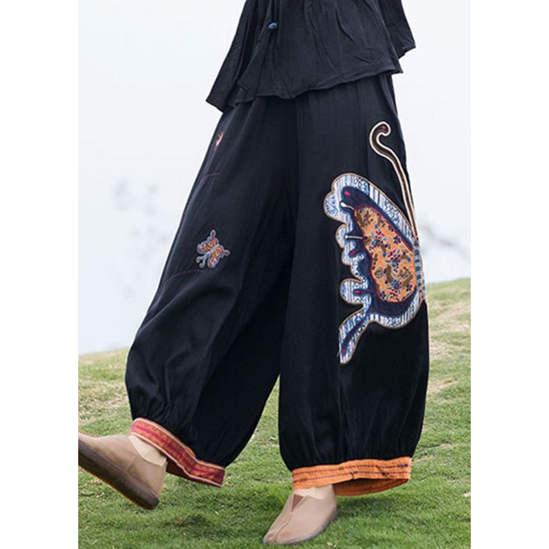 Black Elastic Waist Cozy Linen Crop Pants Summer