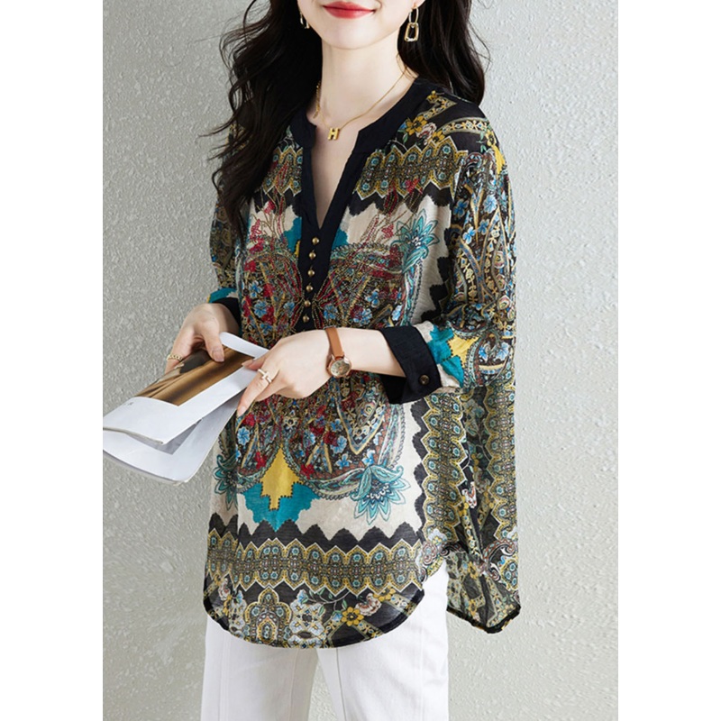 Black Print Patchwork Chiffon Shirt Tops V Neck Nail Bead Summer