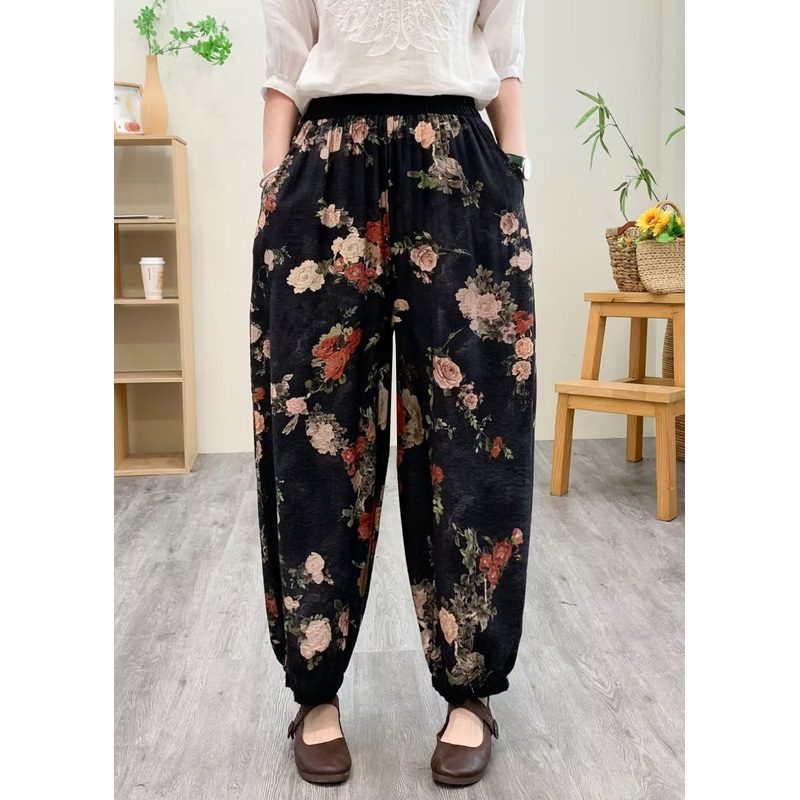 Black Print Silk Linen Lantern Pants Summer