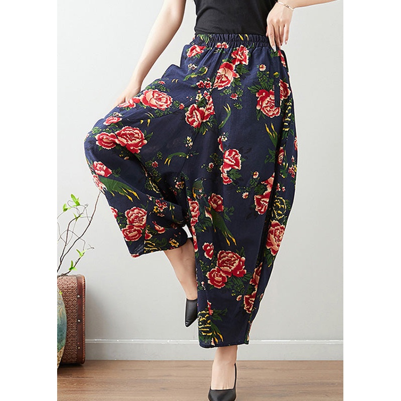 Blue Elastic Waist Lantern Pants Summer