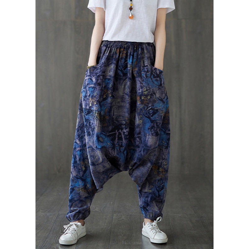 Blue Elastic Waist Loose Lantern Pants Summer