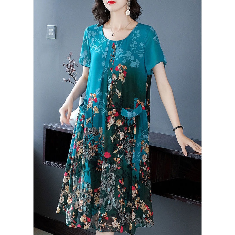Blue Patchwork Wrinkled Chiffon Long Dress Short Sleeve