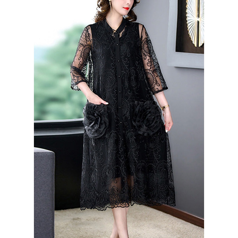 Bohemian Black Embroideried Floral Tulle Long Coats Half Sleeve