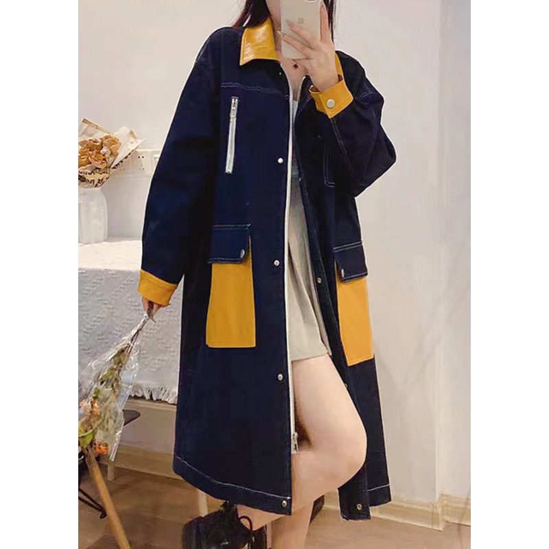 Bohemian Denim Blue Peter Pan Collar Patchwork Zippered Button Linen Long Trench Coats Fall