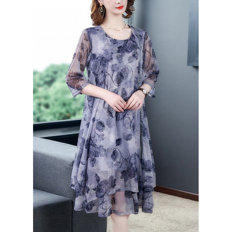 Bohemian Print Layered Silk Maxi Dresses Bracelet Sleeve