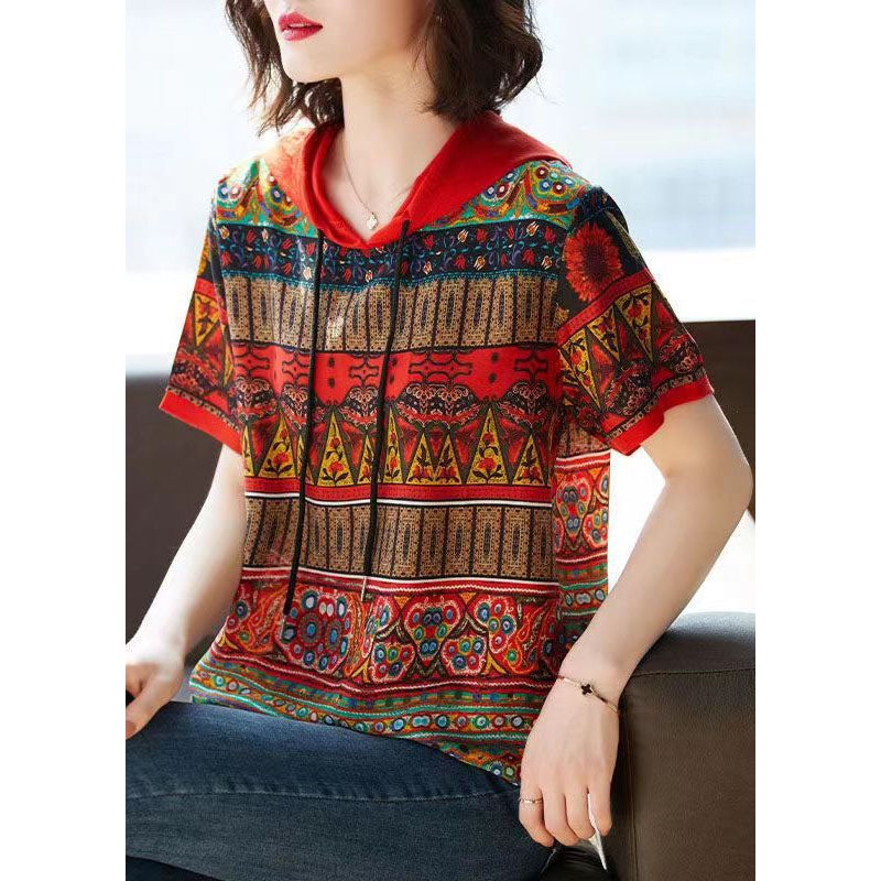 Bohemian Red Hooded Print Patchwork Chiffon T Shirts Tops Summer