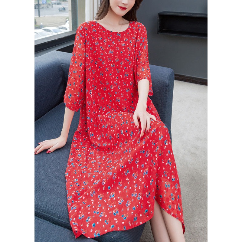 Bohemian Red O Neck Print Patchwork Chiffon Dress Summer