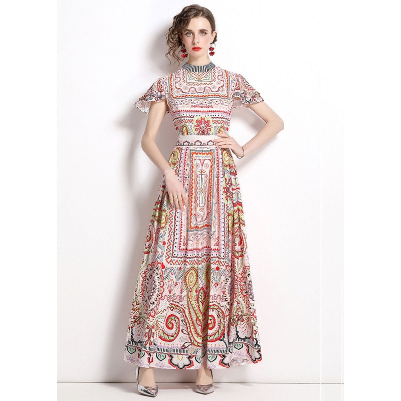 Bohemian Stand Collar Print Wrinkled Patchwork Chiffon Maxi Dresses Summer