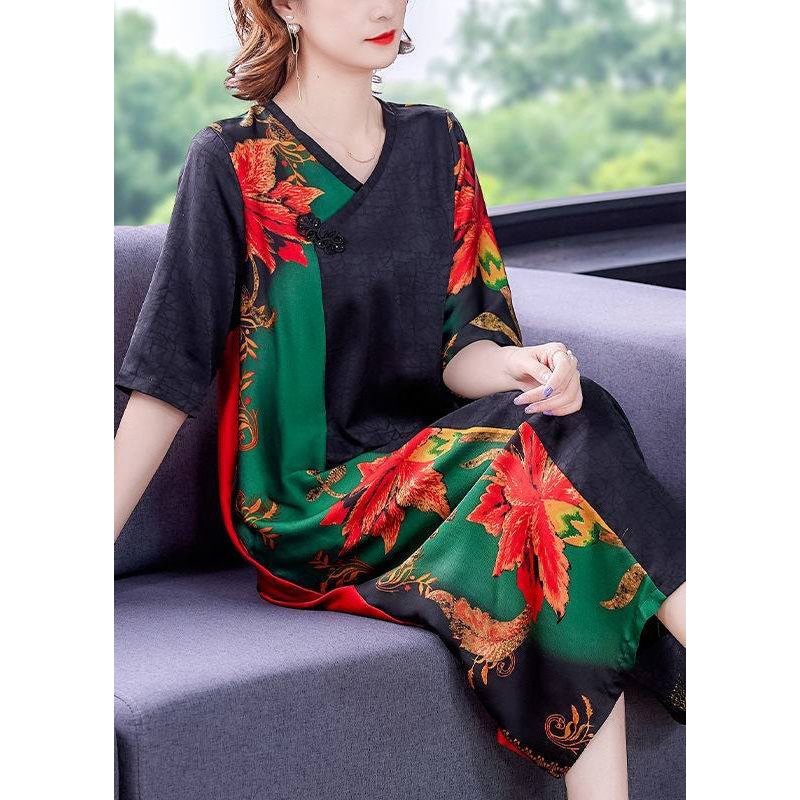 Bohemian V Neck Patchwork Print Button Silk Maxi Dresses Short Sleeve