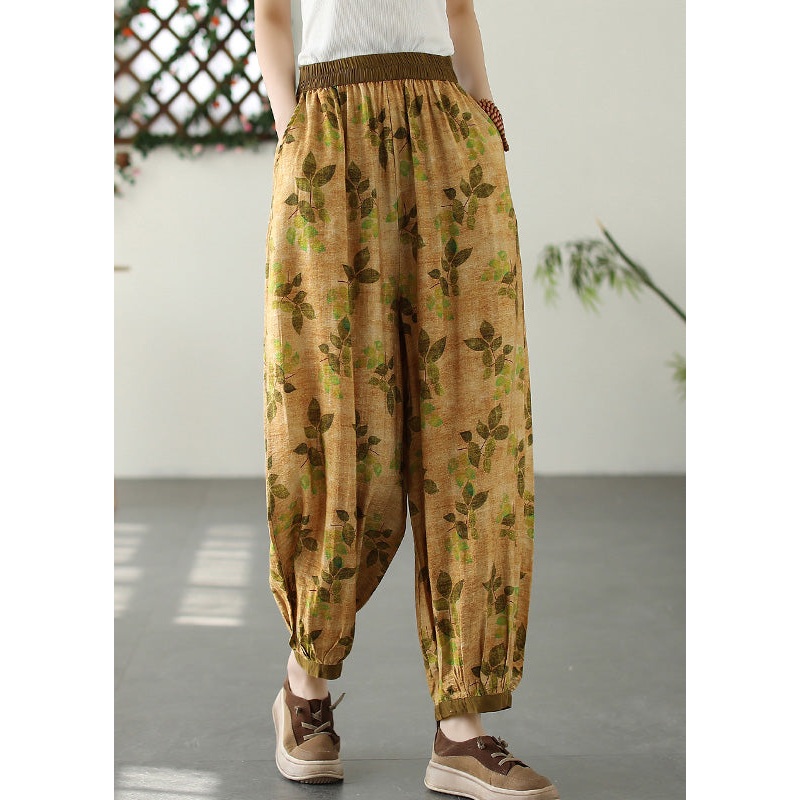 Bohemian Yellow Wrinkled Elastic Waist Crop Lantern Pants