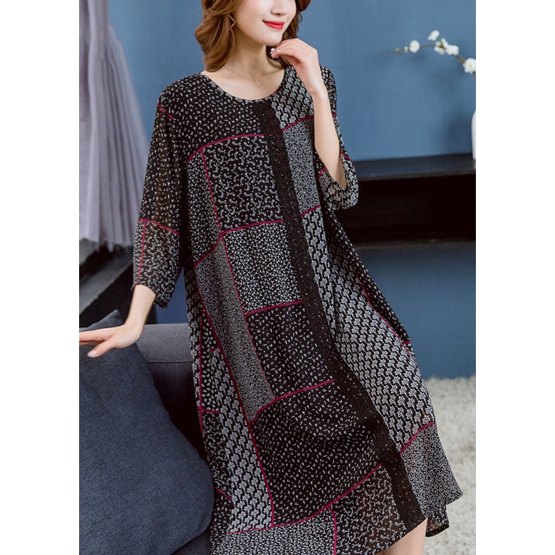 Boho Black O Neck Asymmetrical Design Patchwork Chiffon Dresses Summer