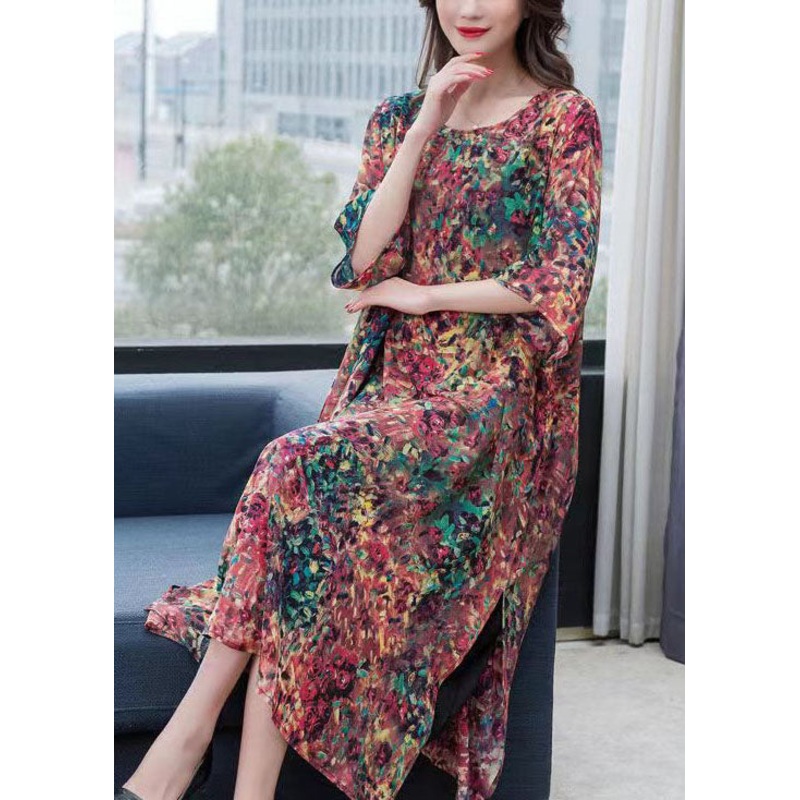 Boho Floral O Neck Print Side Open Patchwork Chiffon Dress Summer