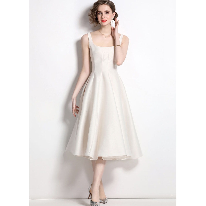 Boutique Apricot Square Collar Wrinkled Patchwork Silk Dress Sleeveless