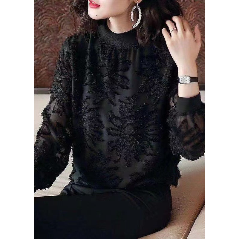 Boutique Black O Neck Jacquard Patchwork Chiffon Blouses Spring