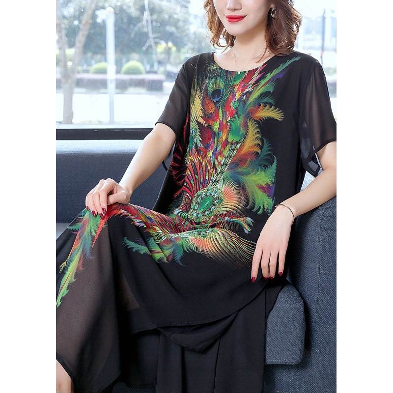 Boutique Black O Neck Print Patchwork Chiffon Dresses Summer