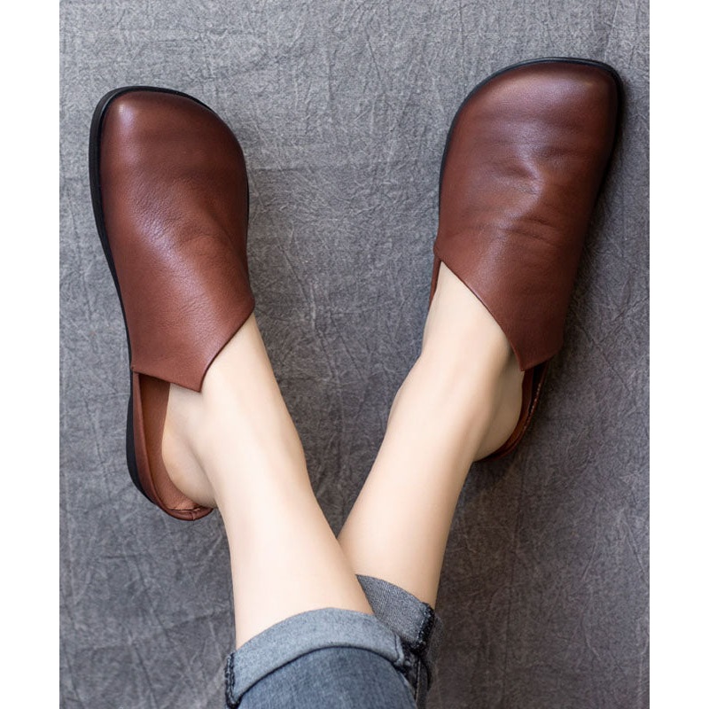 Boutique Splicing Flat Slide Sandals Coffee Cowhide Leather