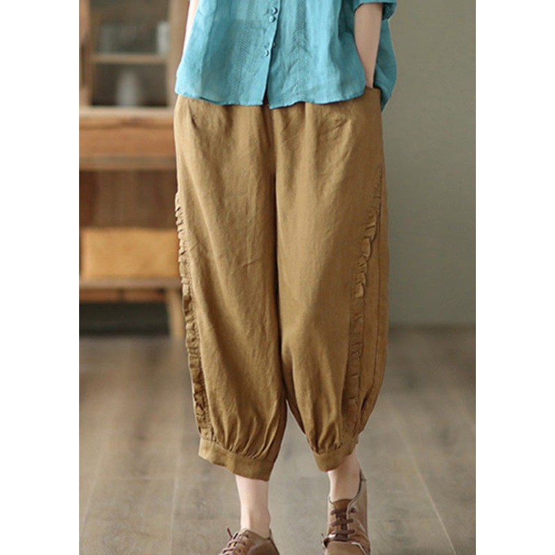 Brown Ruffled Elastic Waist Cozy Crop Pants