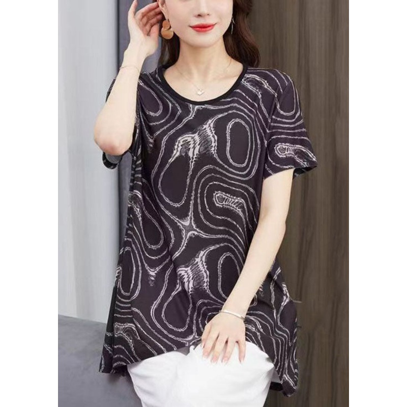Casual Black O Neck Print Patchwork Cotton T Shirt Top Summer