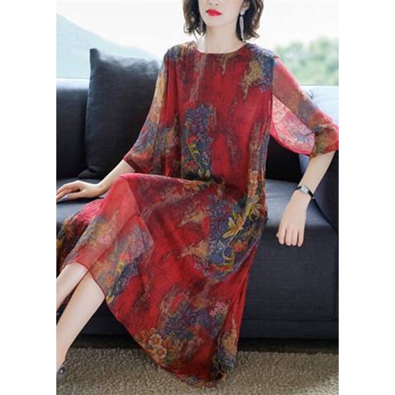 Casual Red O-Neck Print Silk Maxi Dresses Half Sleeve