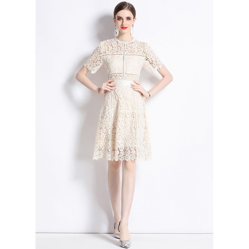 Chic Apricot Embroideried Hollow Out Patchwork Lace Mid Dress Summer
