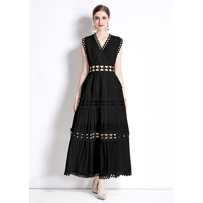 Chic Black V Neck Hollow Out Patchwork Wrinkled Cotton Long Dresses Sleeveless