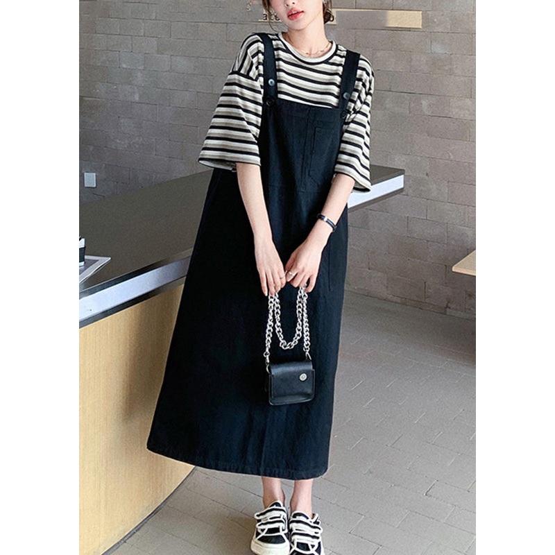Classy O-Neck Striped Patchwork T Shirt And Long Dress Two Piece Set Summer