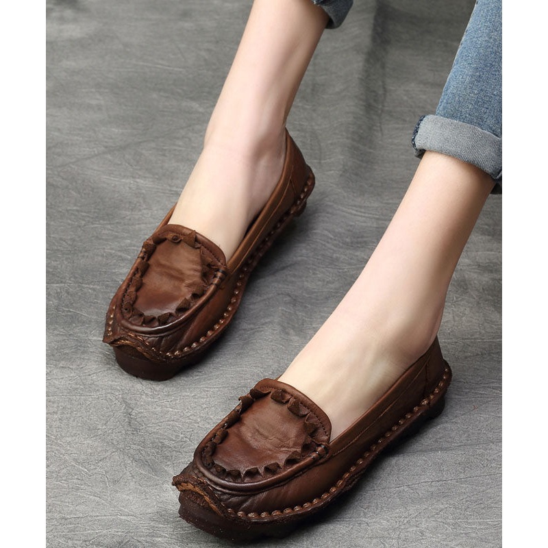 Coffee Flat Shoes For Women Splicing Cowhide Leather Vintage