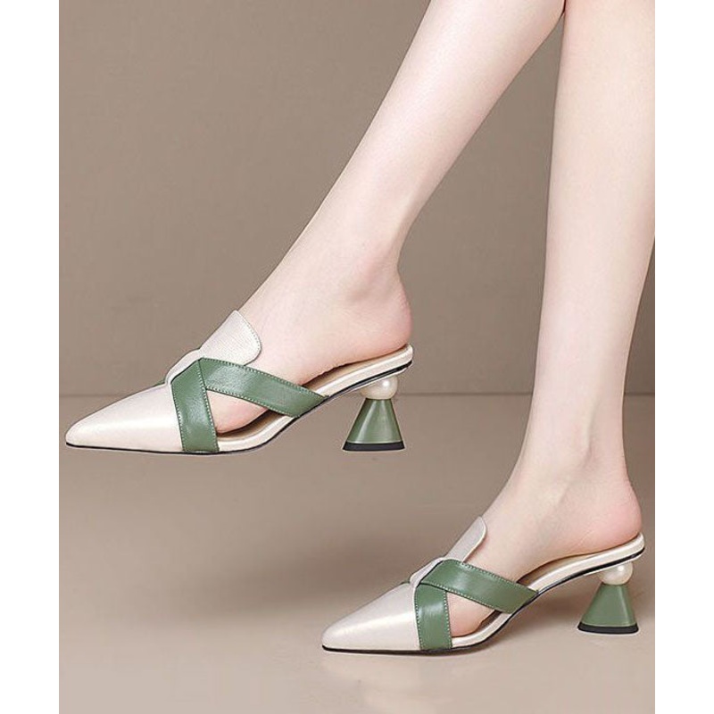 Colorblock Chunky Cowhide Leather Comfortable Splicing High Heel Slippers