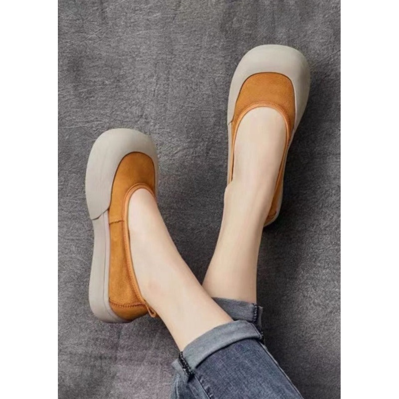 Comfy Yellow Cowhide Leather Women Splicing Flat Shoes